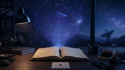 A notebook on a desk with a projected star map and UFO-like shape above it
