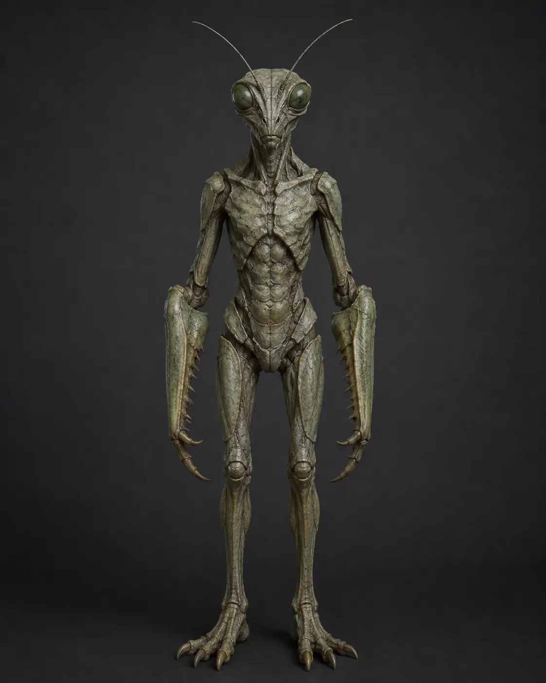 Illustration of a tall mantislike humanoid with antennae, a segmented body, and long jointed limbs.