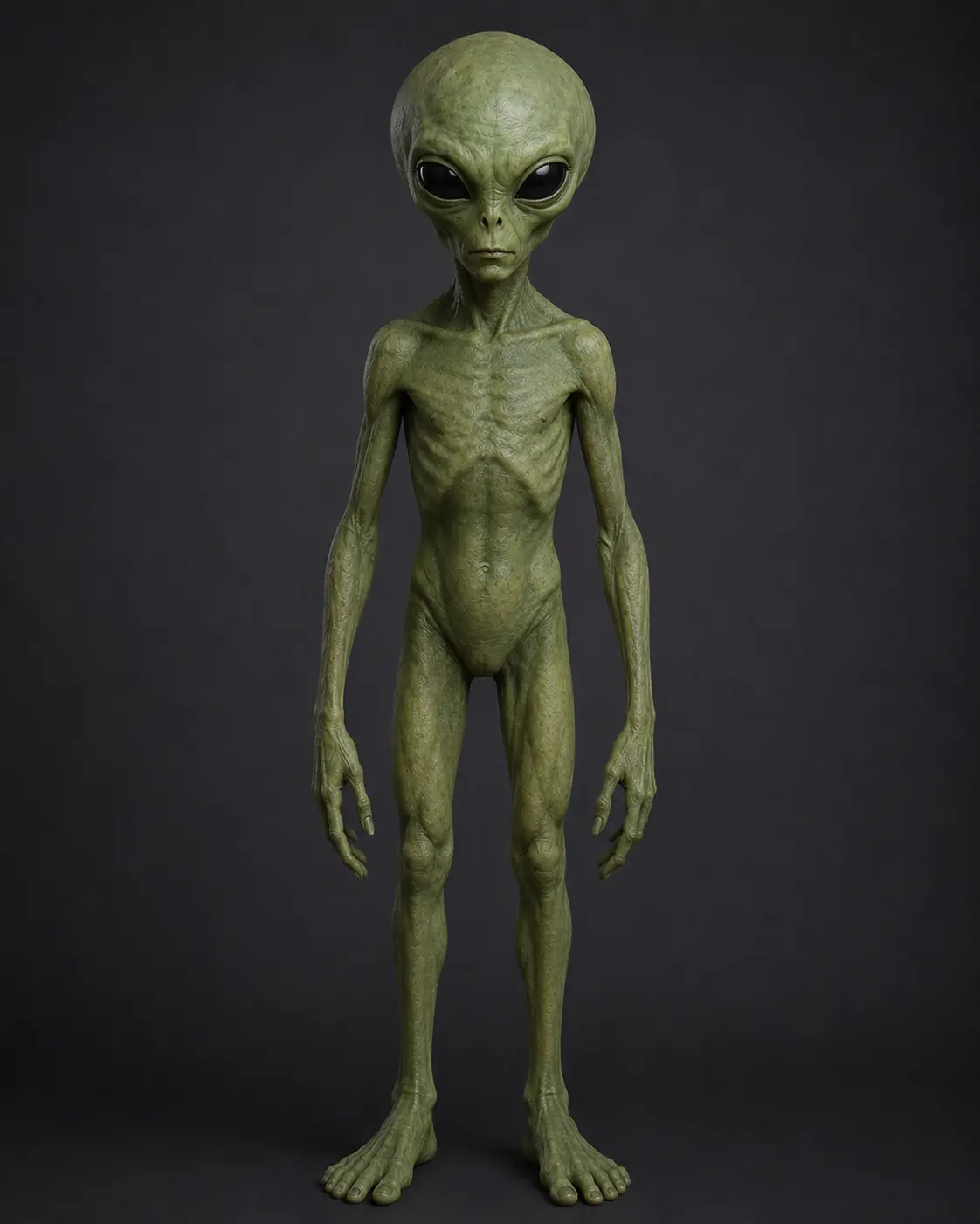 Illustration of a small green alien with a large rounded head, dark eyes, and a thin body.