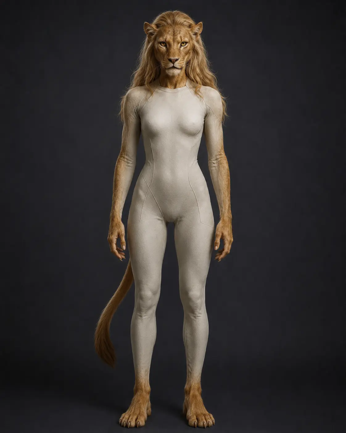 Illustration of a humanoid with a lionlike face, a golden mane, a pale torso, and a long tail.